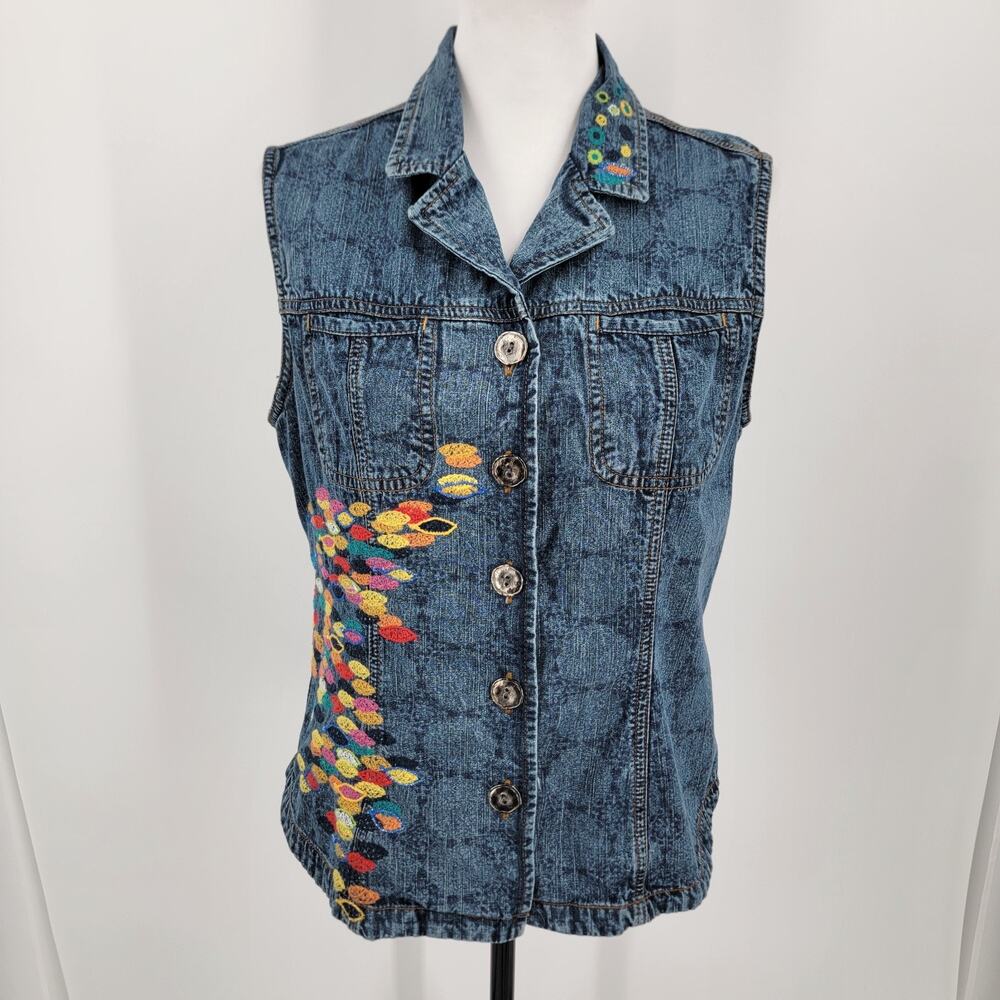 Chicos Denim Vest Womens Medium Embroidered School of Fish Blue Colorful Boho